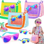 GIFTINBOX Beach Toy Mesh Beach Bag, 3 Pcs Mesh Bag with 3 Pcs Kids Sunglasses Bulk, Kids Beach Bag Seashell Bag Beach Toy Bag with neon Kids Sunglasses,Beach Essentials Beach Accessories for Kids