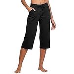 Womens Cropped Capris Yoga Shorts High Waisted Jersey Jogger Sweatpants Below Knee 3/4 Length Summer Beach Shorts Elastic Waist Drawstring Wide Leg Bermuda Shorts with Pocket Black