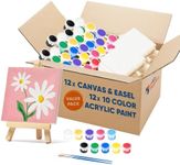 Set of 12 Mini 4x4" Canvas and Easel Set with 10 Colors Acrylic Paint - Bulk Kids Art Party Favors & Supplies - Mini Paint Party Kits - Kids Canvas Painting Set - Paint & Sip Kit