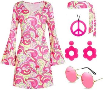 TopTok 60s 70s Disco Outfit Hippie Costume Women, 1970 Style Clothes Dress Peace Sign Accessories Jewelry Halloween (Pink, Large)