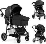 BABY JOY Baby Stroller, 2 in 1 Convertible Carriage Bassinet to Stroller, Pushchair with Foot Cover, Cup Holder, Large Storage Space, Wheels Suspension, 5-Point Harness (Black)