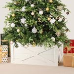 Perfnique Christmas Tree Collar, 22'' Durable Wood Tree Base, Handmade Tree Skirt Box Stand Suitable for 7.5 FT Tree, Tree Stand Cover for Modern Farmhouse Home, Xmas Merry Christmas Decor (White)