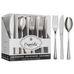 480 Pack Silver Plastic Silverware - 240 Silver Plastic Forks, 120 Silver Spoons, 120 Silver Knives - Plastic Silverware Heavy Duty, Silver Disposable Utensils for Catering & Parties - Exquisite