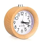 Navaris Wood Analog Alarm Clock - Round Battery-Operated Non-Ticking Clock with Snooze Button and Light - Light Brown