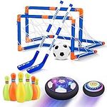 Hot Bee Hover Hockey Soccer Ball Bowling Set for Kids, 4-in-1, Indoor and Outdoor Sports Games Toys for Ages 3 4 5 6 7 8-12 - Rechargeable LED Soccer Toys for 3-12 Year Old Boys