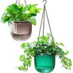 Melphoe 2 Pack Self Watering Hanging Planters Indoor Hanging Flower Pots, 6.5 Inch Outdoor Hanging Plant Pot Basket, Plant Hanger with 3Hooks Drainage Holes for Garden Home (Emerald + Gray)