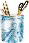 WAVEYU Pen Pencil Holder for Desk, Marble Desk Decor Organizer, Durable Ceramic Pencil Cup Holder Marble Design Makeup Cups for Brushes for Office, Classroom, Blue