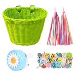 Kids Bike Basket Set Handwoven Cycling Baskets Children Cycle Basket with Spare Leather Straps, Cute Sticker, Bike Tassels and Bike Bell, Bike Accessories for Trike Scooter Balance Bike (Green)