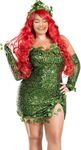 Yiulangde Halloween Poison Ivy Cosplay Costume Women Sexy Green Sequin Leaf Fairy Dress with Gloves Leaves Elf Party Mini Dress Set