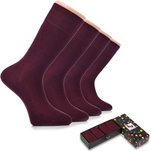 Hugh Ugoli Men's Rayon Dress Socks for Business & Trouser, Thin & Seamless Crew Socks, 4 Pairs with Gift Box, Burgundy, Shoe Size: 8-12