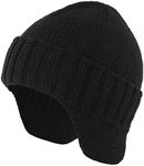 Home Prefer Mens Winter Knit Earflap Hat Velvet Lining Cuffed Beanie Cap with Ear Flaps Black