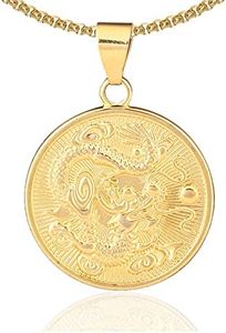 Fusamk Hip Hop 18K Gold Plated Dragon Round Tag Pendant Animal Necklace,22" Box Chain(Gold)