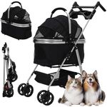 Pet Stroller 3-in-1,Foldable Cat Dog Strollers for Medium Dogs 20KG,Pet Travel Dog Stroller Pushchair with Detachable Carrier Car Seat,Storage Basket,Storage Bag and Food Tray (Black)