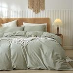 LIFETOWN 100% Washed Cotton Duvet Cover Set Linen Feel Natural Wrinkle Lightweight Comfy (Queen, Sage Green)