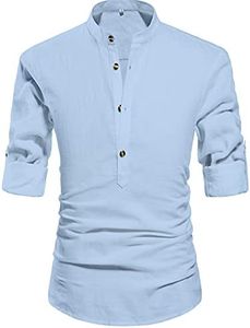 NITAGUT Men Henley Neck Long Sleeve Daily Look Linen Shirts Casual Beach T Shirts Light Blue-US M