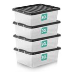 KLASS 4 x 30 Litre Under Bed Storage Boxes with Lids, Clear Plastic Storage Box with Black Lid, Multipurpose Plastic Box Ideal For Underbed Storage, Stackable Storage Boxes For Home & Office