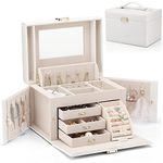 Vlando Large Jewellery Box for Women, High-End PU Leather Mirror Jewellery Boxes with 3 Drawers Jewelry Storage, Earrings, Rings, Necklaces, Bracelets, Brooches, Watches Organiser