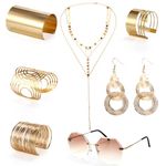 Suwimut 7 Pieces 70s Disco Accessories Costume Jewelry Set for Women, Rimless Diamond Cutting Sunglasses Gold Cuff Bangle Wire Metal Coil Bracelets Layered Choker Necklace Triple Swirl Disco Earrings,