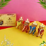 Satvik 4 Pc Cotton Elephant Designer Diya Tealight Candle Holder Decorative Lantern Diwali Gift Deepawali Handcrafted/Handmade Home Decoration Indian Festival Housewarming Gifts Items