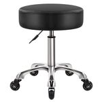 WKWKER Heavy Duty Beauty Stool On Wheels Swivel Adjustable Stool Thick Leather Seat Stool Chair For Kitchen Stool Drafting Lab Office Massage Stool Black