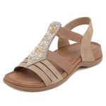 Sandals for Women Rhinestone Elastic Strap Sports Soft Summer Shoes Ladies Walking Vintage Roman Fashion Beach (5.5,Beige)