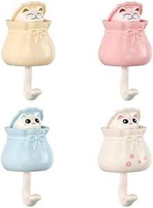 Cute Wall Hooks, 4 Pcs Adhesive Cat Key Holder for Room Decor, Cat Coat Hooks Heavy Duty Wall Mounted for Towel Backpack Hat Scarf Hanging Decorations