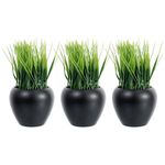 MyGift Modern Tabletop Artificial Green Grass Plants in Mix Color Trio Ceramic Pots, Faux Wheatgrass Sprout Potted Plant with Black, Gold, and Blue Planters, 3 Piece Set