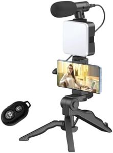 Boltove Vlogging Kit 6 in 1 for iPhone, Android (with Tripod), Mini LED + Cardioid Microphone + Phone Clip + Tripod for Live Broadcasting Video Calling Vlogging YouTube Instagram
