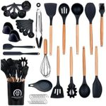 Silicone Kitchen Cooking Utensils Set,38 Pcs Spatula Kit with Holder,Wooden Handles Heat Resistant Silicone Kitchen Gadgets with Turner Tongs,Spatula,Spoon,Brush,Whisk Nonstick Cookware Kitchen Tools.