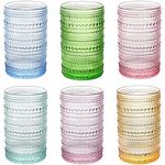 Set of 6 Vintage Drinking Glasses, 14 oz Colored Hobnail Glasses Tumbler, Embossed Design Glassware for Beverages, Water, Juice, Beer, Cocktail, Whiskey and Milk