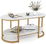 Giantex Faux Marble Coffee Table, Modern 2-Tier Center Table with Open Shelf, Oval Cocktail Table with Gold Finished Metal Frame for Living Room Bedroom, White