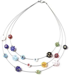 SHOP LC DELIVERING JOY Murano Style Millefiori Glass Layered Necklace - Beaded Necklaces for Women Trendy - Colorful Flower Jewelry Stainless Steel 18" Birthday Gifts