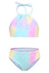 Moon Tree Girls Mermaid Bathing Suit Two Piece Bikini Swimsuits Kids Halter Swimwear Set Rainbow Size 16/14-16