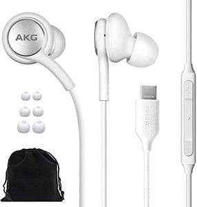 SAMSUNG AKG Earbuds Original USB Type C in-Ear Earbud Headphones with Remote & Mic for Galaxy S23 Ultra, A53 5G, S22, S21 FE, S20, Note 10, 10+, S10 Plus - Braided - Includes Velvet Pouch - White