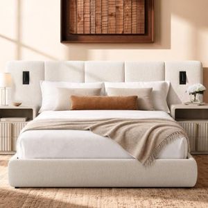 ModernMate Queen Upholstered Bed Frame with Extended Headboard, Beige