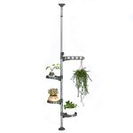 BAOYOUNI Indoor Plant Pole Stand Tension Rod Adjustable Flower Display Rack Spring Loaded Floral Hanger Storage Shelf with 3 Trays & 1 Arm for Windowsill Counter Top, Grey