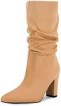 Syktkmx Womens Winter Slouchy High Heel Boots Mid Calf Suede Slip on Chunky Block Pointed Toe Boots, Light Khaki, 9.5