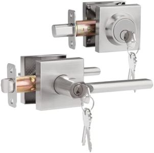 HOSOM Entrance Door Lock Set with Single Cylinder Deadbolts, Satin Nickel Heavy Duty Modern Sleek Square Door Handle with Lock & Keys on Both Sides, Keyed Alike