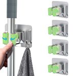 HOMEASY Mop Broom Holder, 4 Pcs Stainless Steel Self Adhesive Mop Holder Wall Mounted with Hooks Hanger Self-Adhesive Broom Holder for Bathroom, Kitchen, Office, Closet, Garden Garage (Green)