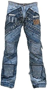 TICILA Seven Star Gringo Men's Jeans Blue Designer Rock Star Patchwork Hole Rivets Denim, blue, 33W x 36L
