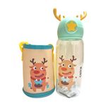 CEIRA Water Bottle for School | Transparent Water Bottle with Cover and Strap | Cute Design Water Bottle | Leak-Proof | Cartoon Water Bottle for Kids (Yellow) | Reindeer | BPA Free