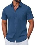 COOFANDY Men's Short Sleeve Cotton Shirt Summer Regular Fit Casual Shirts with Pockets Dark Blue M