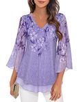 Timeson Women's 3/4 Sleeve Floral Blouses Shirts Double Layers V Neck Dressy Tunics Tops, Multi- Violet, XXL