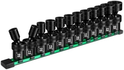 BLACKROBOT 3/8" Drive Shallow Universal Impact Socket Set, 12PCS 6 Point Metric Swivel Socket set(10-22mm), CR-MO Steel, Includes Storage Rail