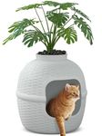 Keygarzone Plant Litter Box, Hidden Cat Litter Box with Rattan Pattern for Large Cat, Faux Plant and Real Stones, Carbon Filter in Living Room, Bedroom, Corner, White