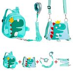 Funsland Baby Safety Harnesses, 4 in 1 Baby Walking Harness, 360°Rotate Anti Lost Wrist Link Belt, Dinosaur Toddler Backpack with Reins, Safety Leash for Kids Walking and Travel Outside, Green