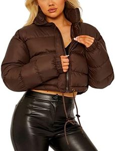FindThy Women’s Winter Cropped Puffer Jacket Classic Long Sleeve Stand Collar Padded Down Coats(1062-Brown-L-LB)