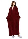 Womens Fleece Robe Soft Plush Long Zip-Front Sleepwear Full Length Bathrobe with Pockets for Ladies (Wine Red, Medium)