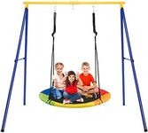 Costzon Metal Swing Frame Full Steel Swing Stand with 40" Saucer Swing, A-Frame Steel Swing Stand w/Ground Stakes, Great for Indoor and Outdoor, Garden, Backyard (Swing Frame with Saucer Round Swing)