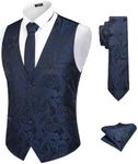 COOFANDY Paisley Suit Vest Men 3PC Tuxedo Vests Tie and Pocket Square Formal Waistcoat for Wedding Party, Navy Blue, XXL